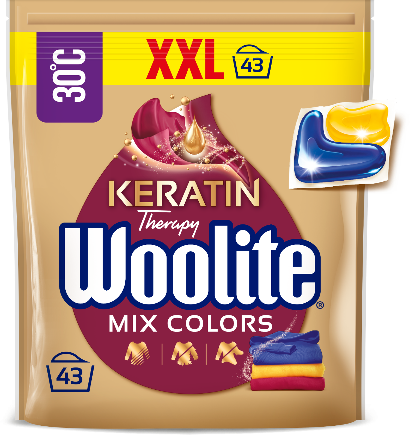 Woolite Kapsułki Do Prania Rzeczy Kolorowych Kolorów z Keratyną 43 sztuk