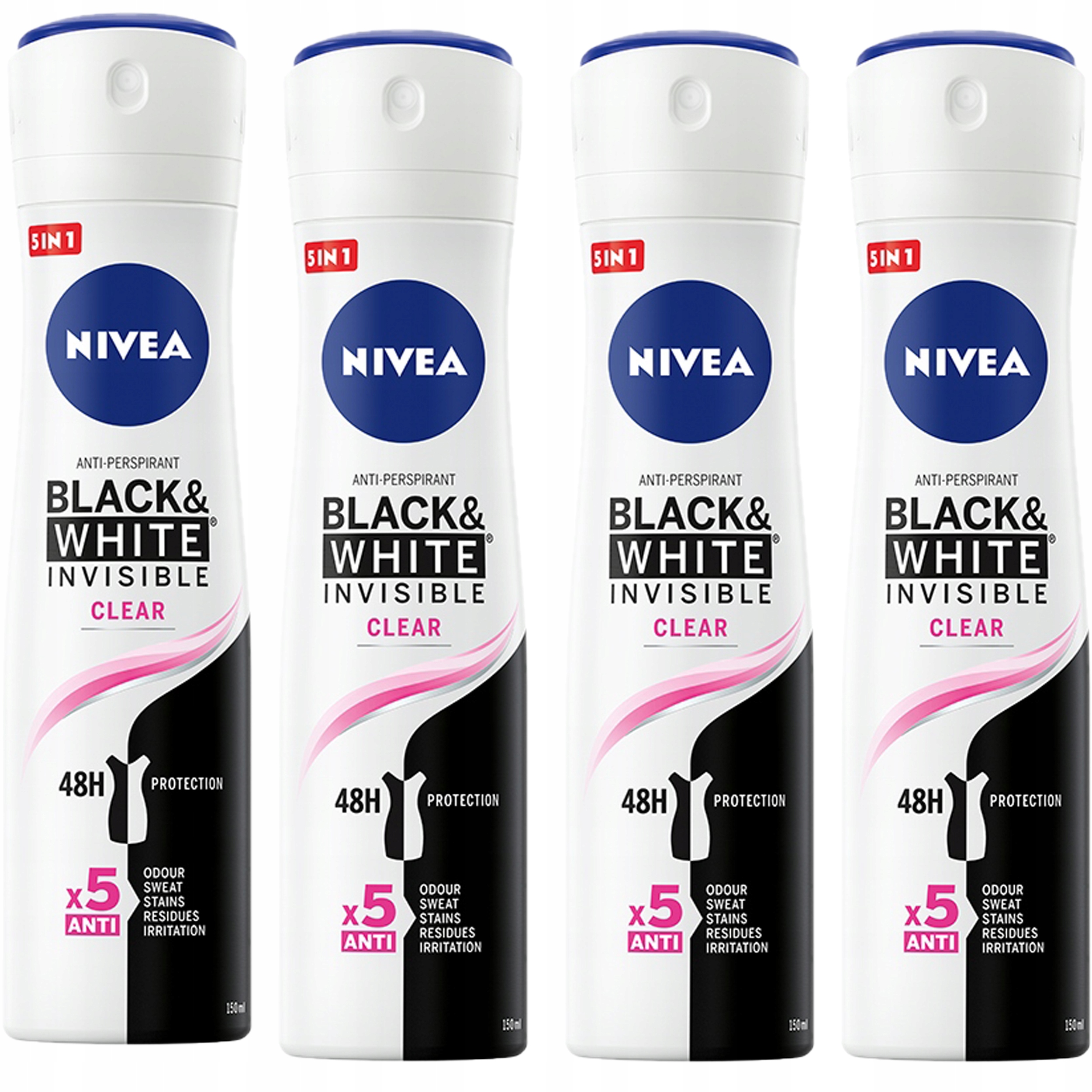 4 x NIVEA BLACK & WHITE INVISIBLE CLEAR ANTYPERSPIRANT w SPRAYu 150 ml