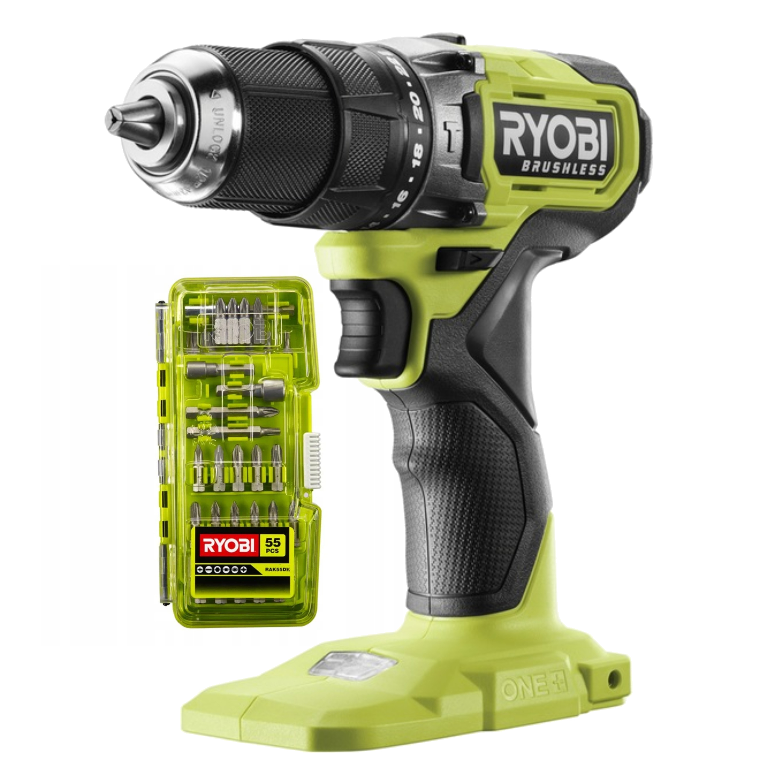 RYOBI Wiertarko-wkrętarka 18V RPD18BL1-0 + Zestaw do wkręcania 55 sztuk