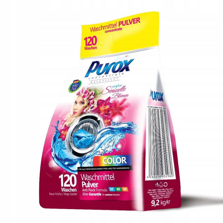 Proszek do prania Purox Color PARFUM SENSUELLE BLUMEN perfumowany proszek do prania w folii 9,2 kg /120 prań