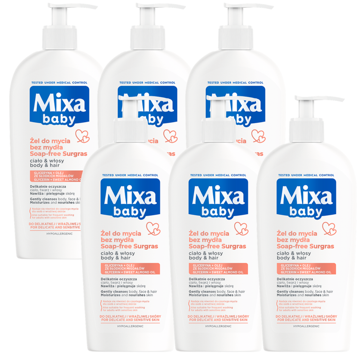 Mixa Baby Łagodny Żel do Mycia Bez Mydła 2w1 Ciało i Włosy Z Olejkiem 6x400ml