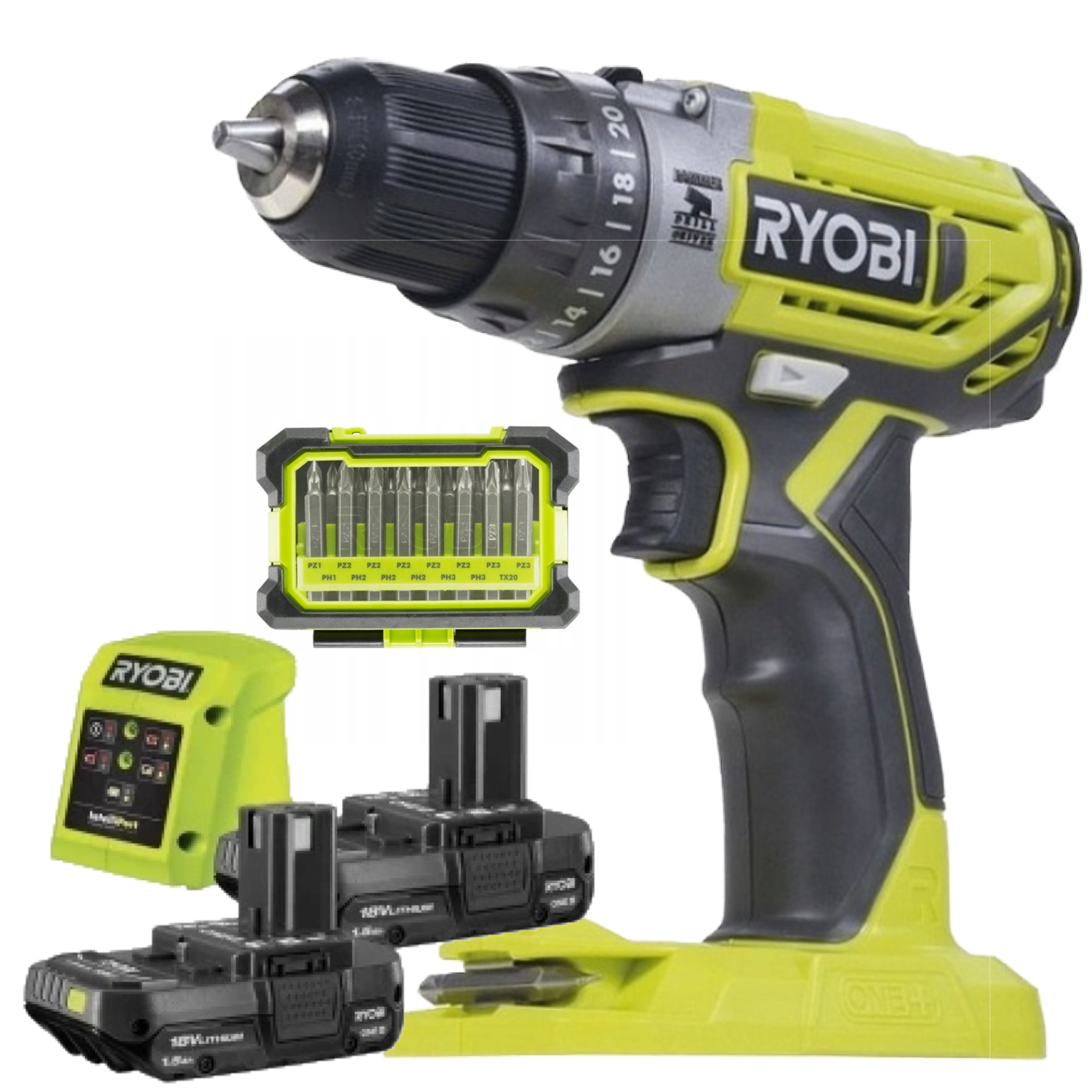 Ryobi Wiertarko-Wkrętarka Udarowa 18v 2×1.5ah Ładowarka +Zesaw bitow 15 szt