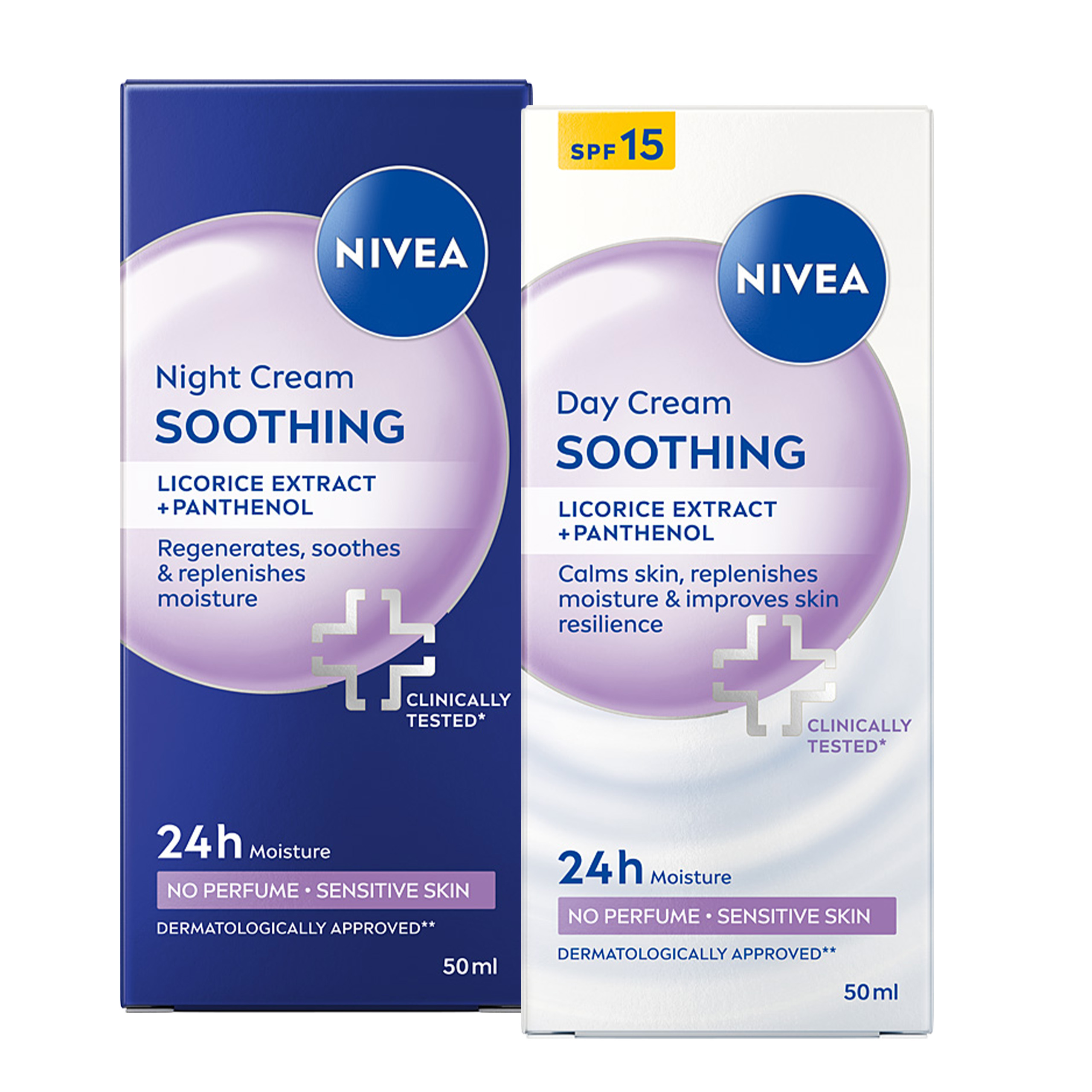 Nivea 24H Nawilżenia zestaw: kojący krem na dzień SPF 15 + na noc 2 × 50 ml