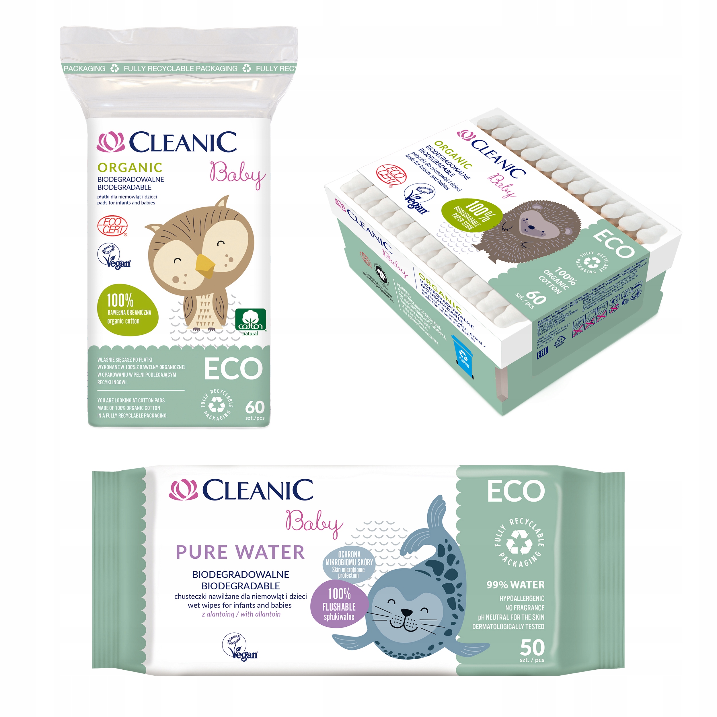 Cleanic Baby ECO zestaw dla dzieci: płatki bawełniane Organic 60 szt. + patyczki higieniczne Organic 60 szt. + chusteczki nawilżane Pure Water 50 szt.
