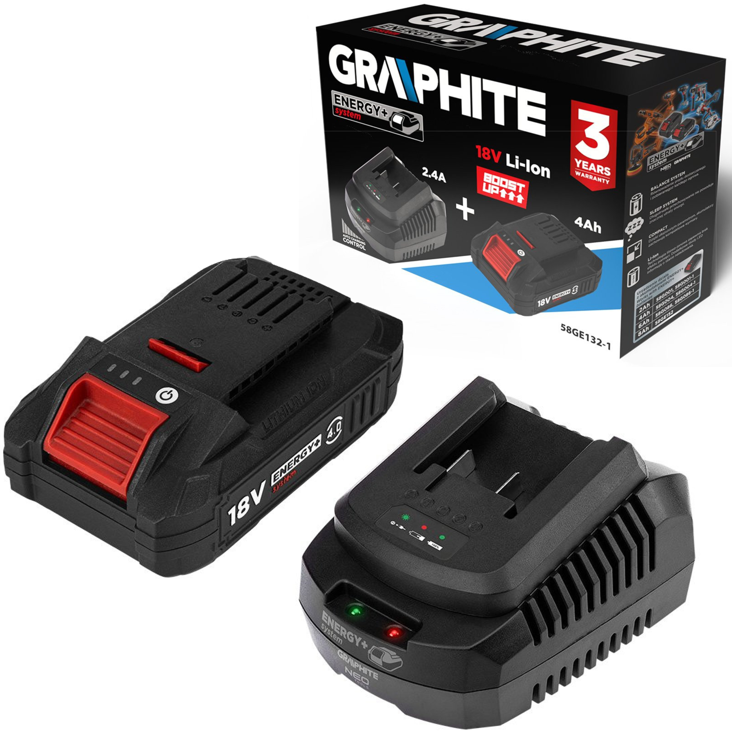 GRAPHITE ZESTAW ENERGY+ AKUMULATOR 4AH BOOST UP Z ŁADOWARKĄ 58GE132-1
