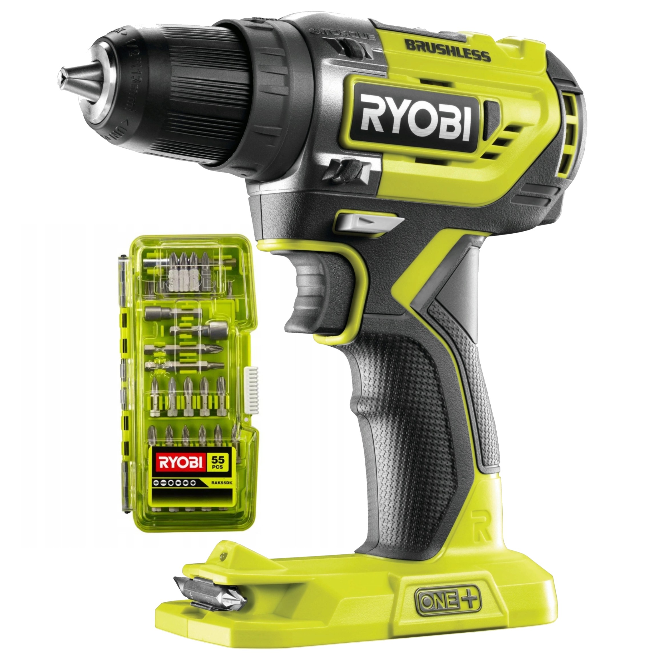 RYOBI Wiertarko-Wkrętarka R18DD5-0 + RYOBI Zestaw do wkręcania 55 sztuk