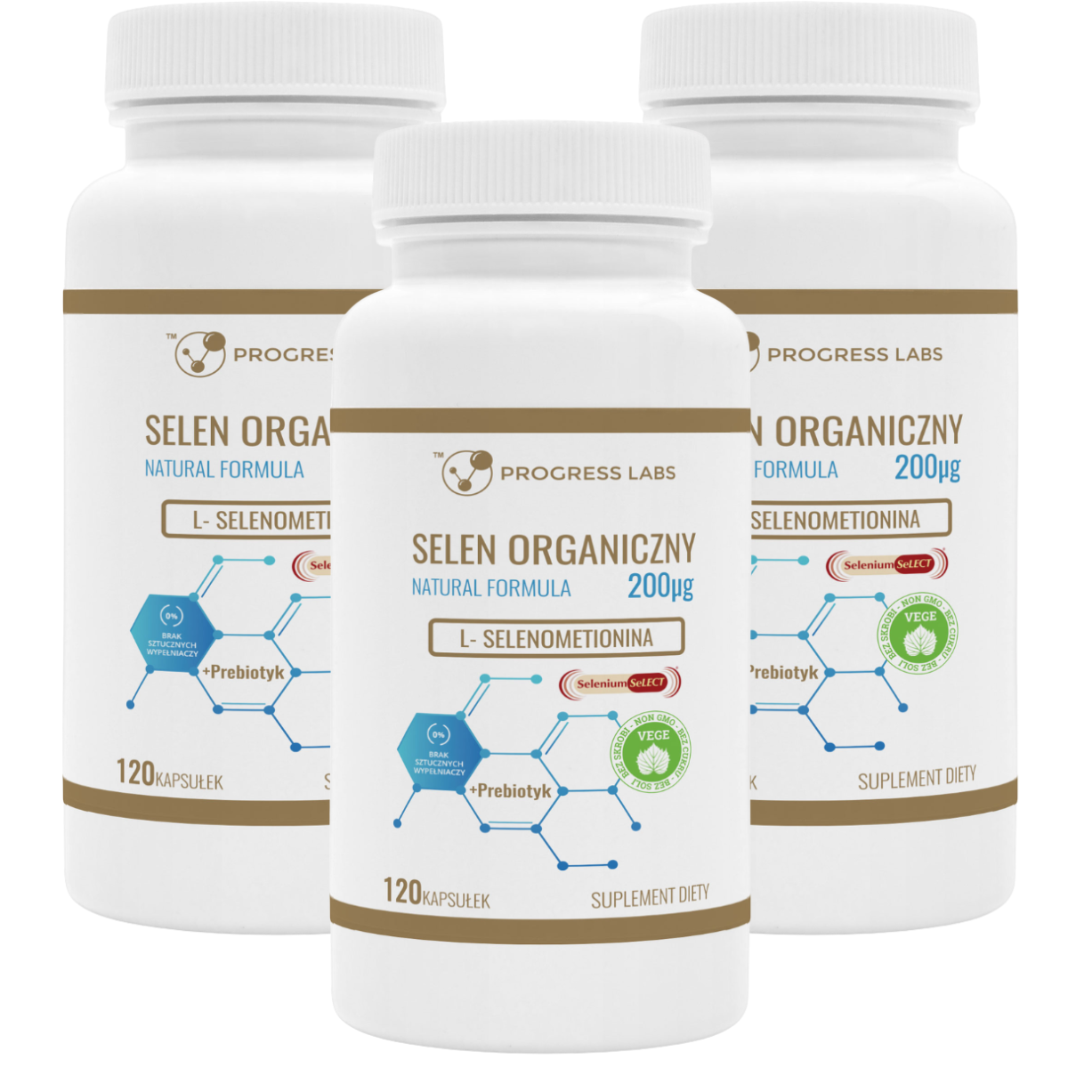 Zestaw Progress labs Selen L- Selenometionina 200µg Prebiotyk BCAA Aminokwas 120k 3x
