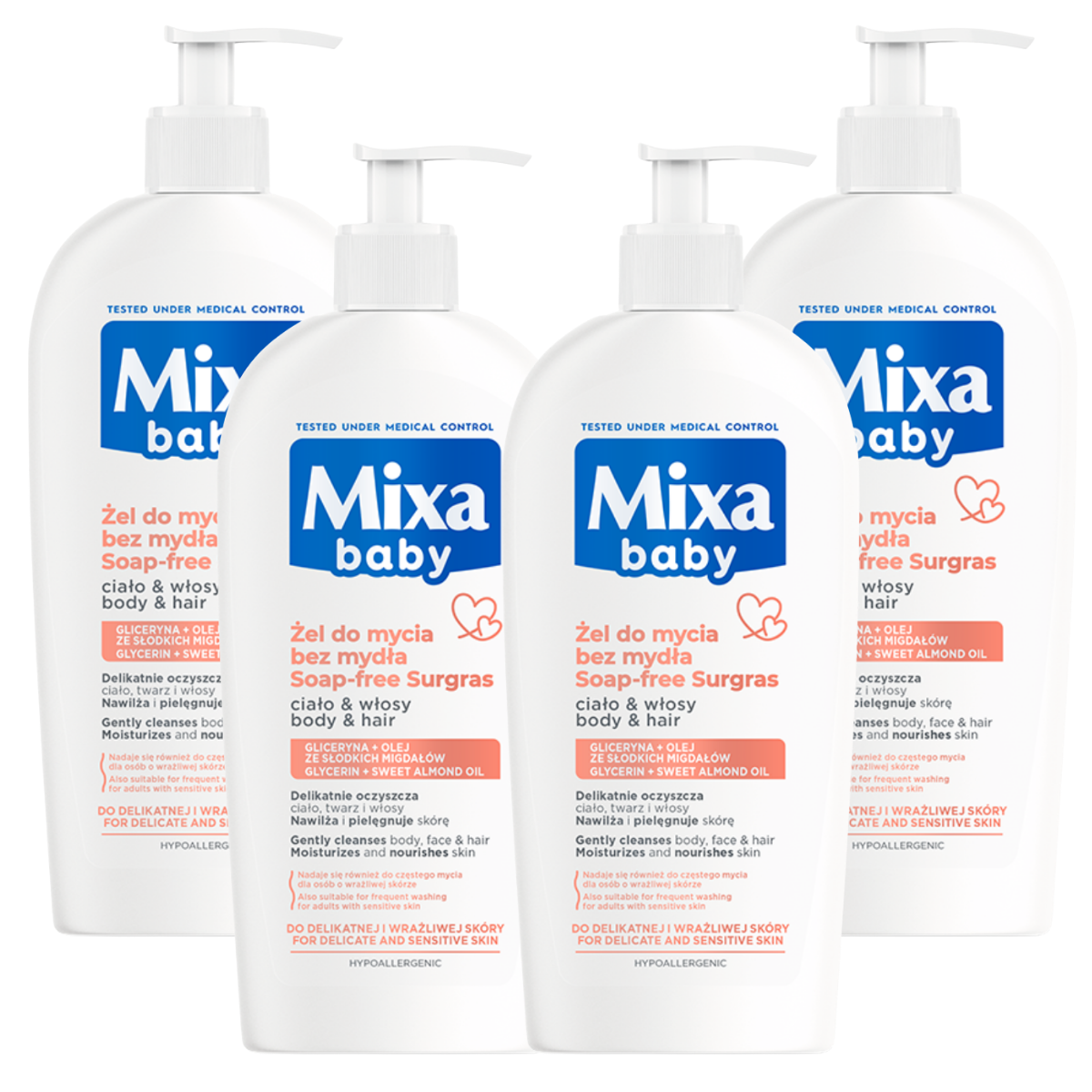 Mixa Baby Łagodny Żel do Mycia Bez Mydła 2w1 Ciało i Włosy Z Olejkiem 4x400ml