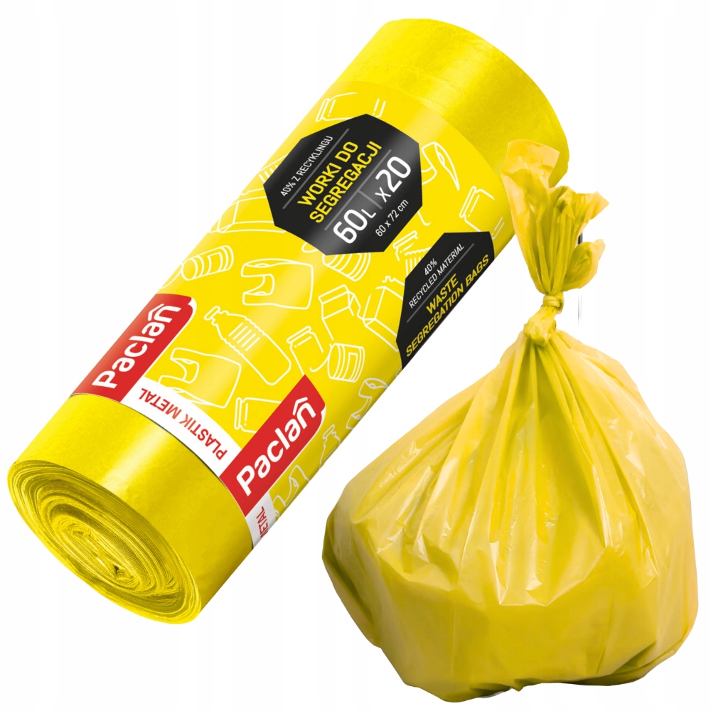 WORKI NA ŚMIECI PACLAN SEGREGACJI PLASTIK METAL 60L 20SZT MOCNE WYTRZYMAŁE