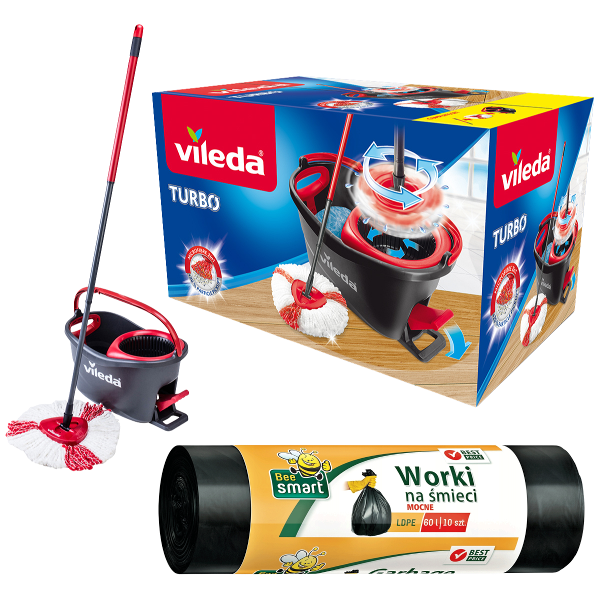 Vileda Easy Wring&Clean Turbo Mop + 242337 Bee Smart Worki na Śmieci LDPE 60l 10szt. 242434