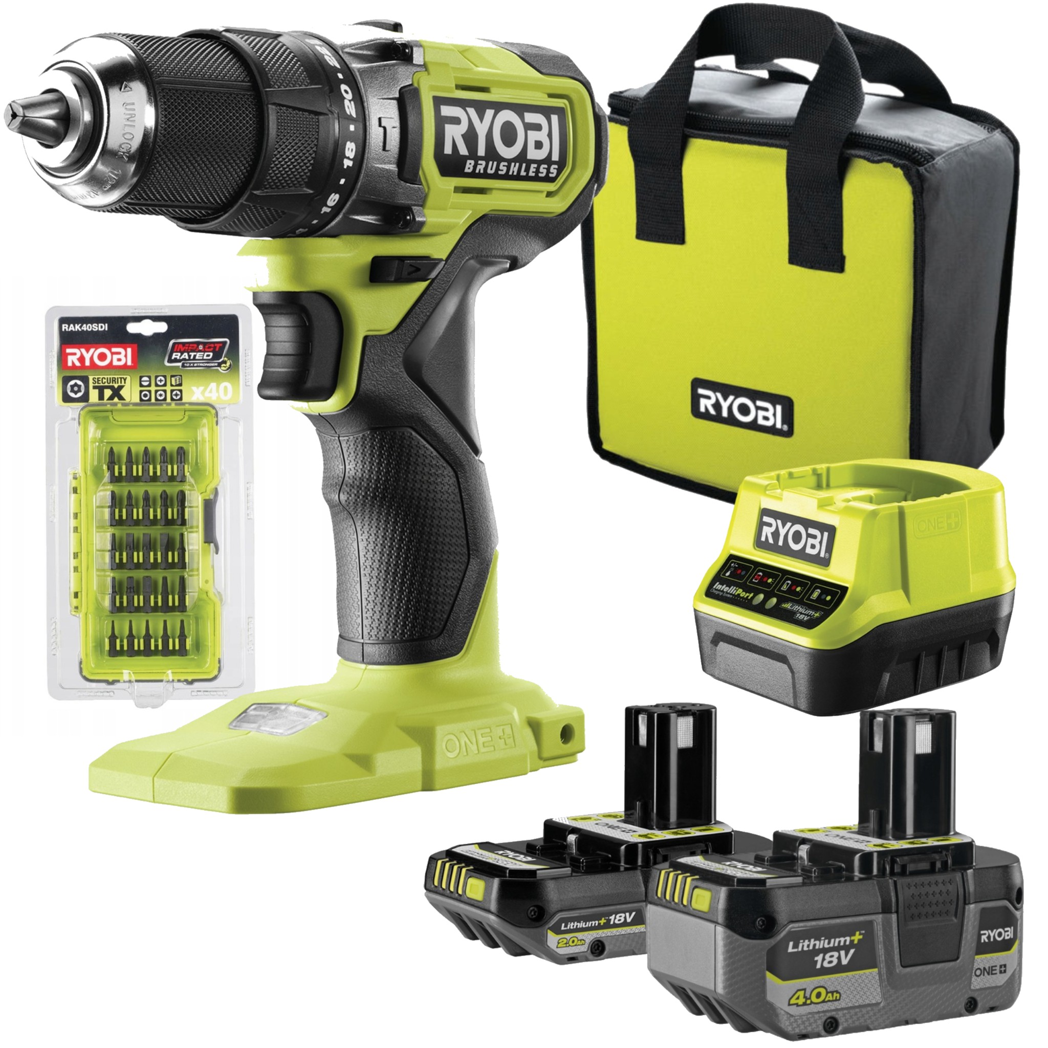 RYOBI WIERTARKO-WKRĘTARKA + Ładowarka + 4AH + 2AH + Zestaw bitów 40 szt.