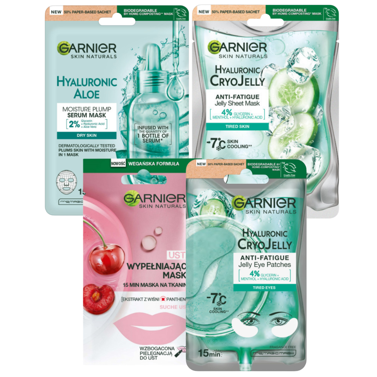 Garnier Maseczki Hyaluronic Aloe +CryoJelly +Płatki Pod Oczy +Maska do Ust
