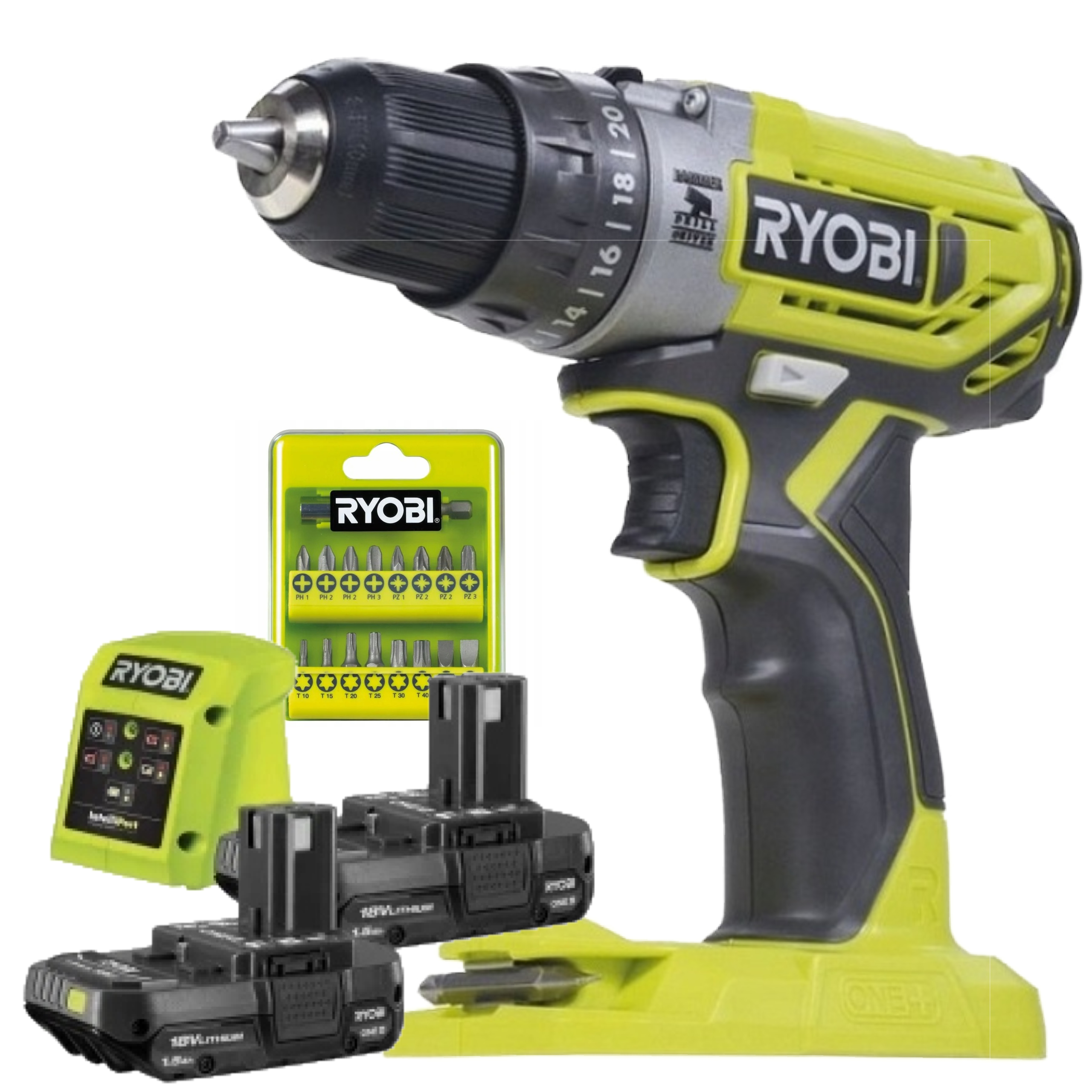 Ryobi Wiertarko-Wkrętarka Udarowa 18v 2×1.5ah Ładowarka+Zestaw bitów 17 szt