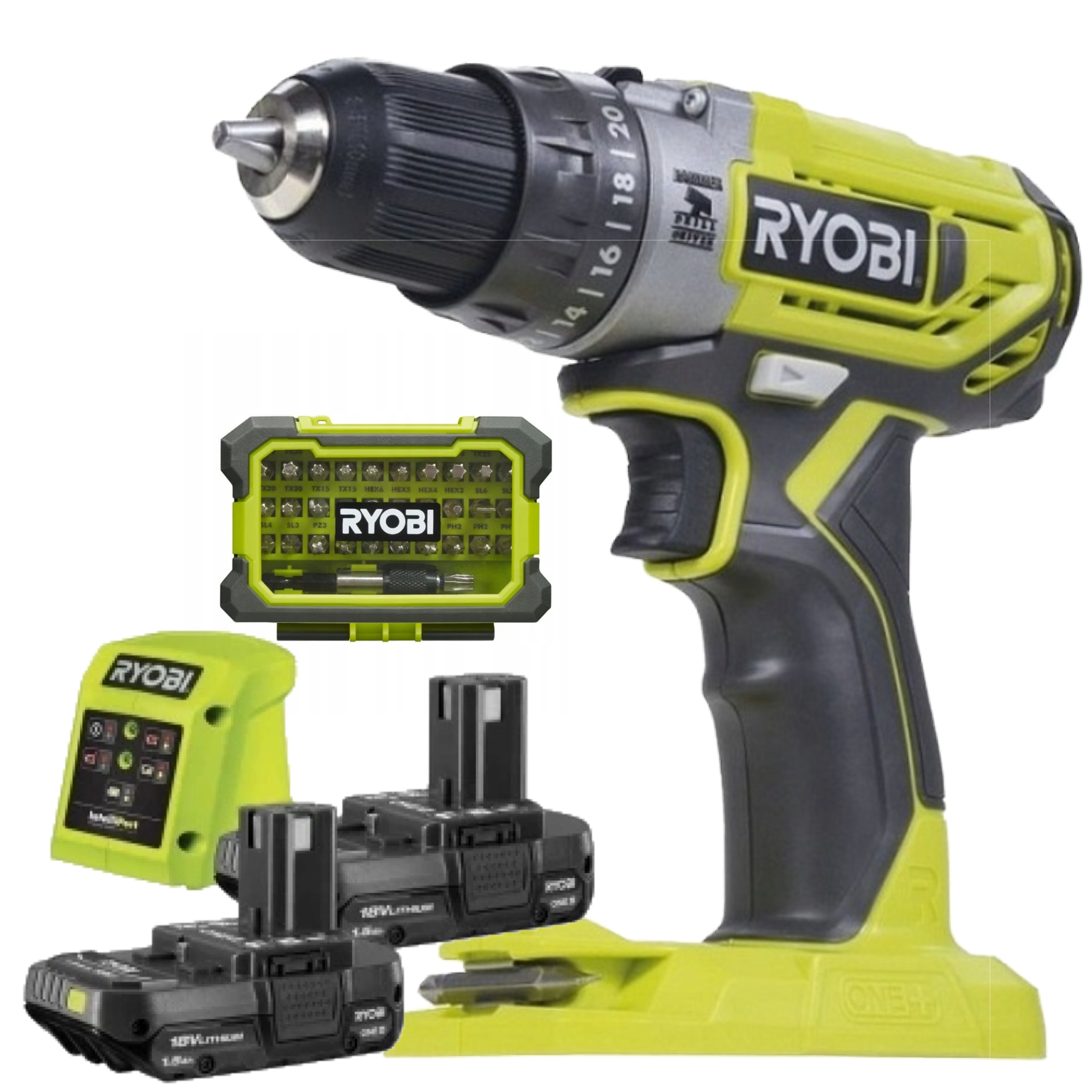 Ryobi Wiertarko-Wkrętarka Udarowa 18v 2×1.5ah Ładowarka+Zestaw bitów 32 szt