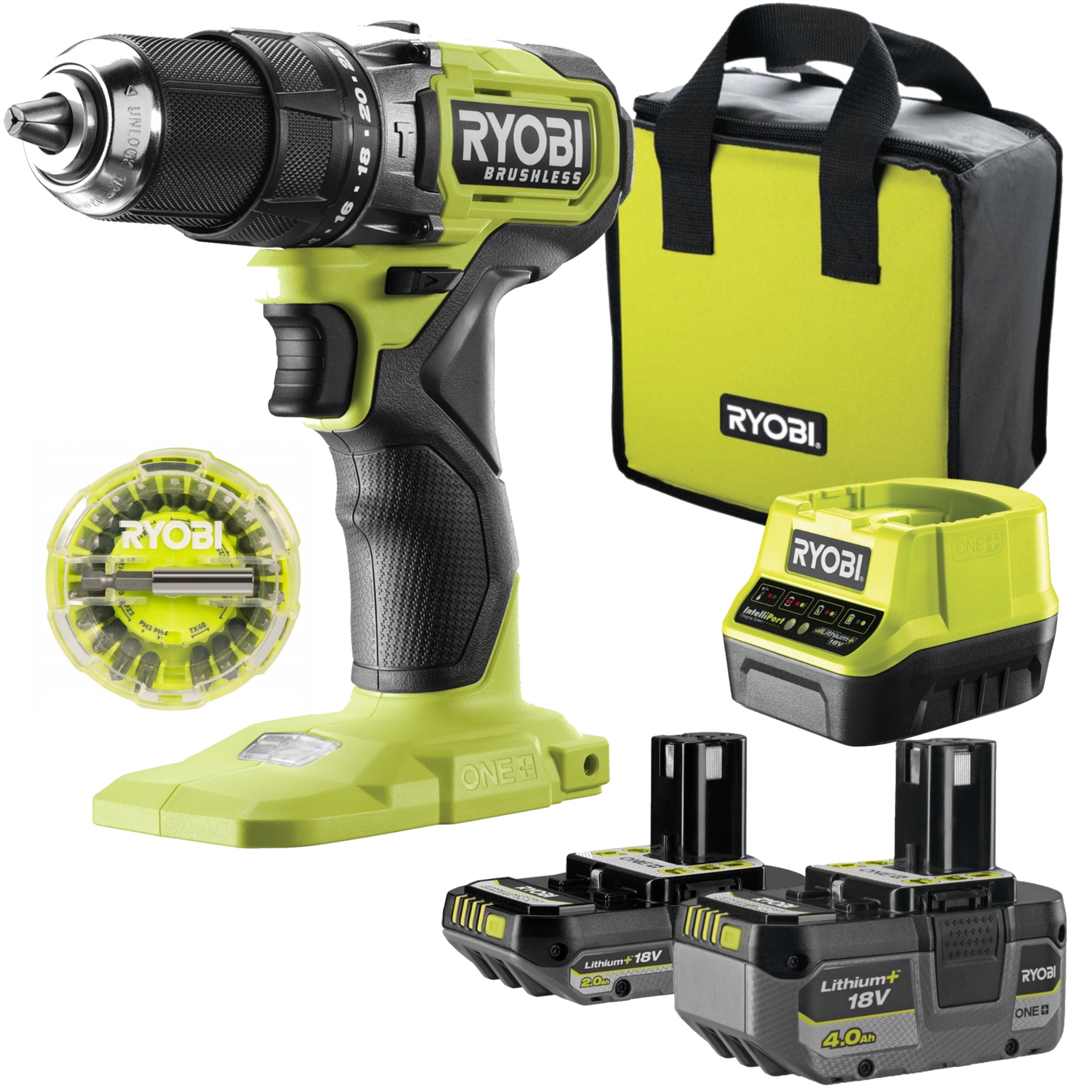 RYOBI WIERTARKO-WKRĘTARKA + Ładowarka + 4AH + 2AH + Zestaw bitów 22 szt.