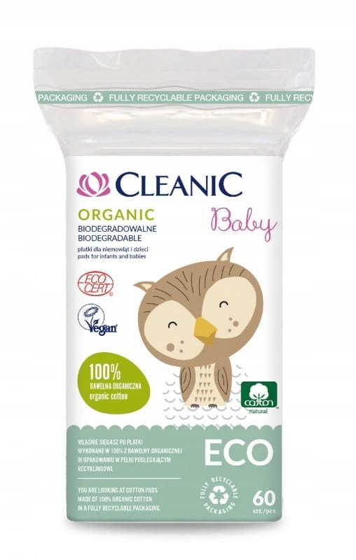 Cleanic Baby ECO zestaw dla dzieci: płatki bawełniane Organic 60 szt. + patyczki higieniczne Organic 60 szt. + chusteczki nawilżane Pure Water 50 szt.