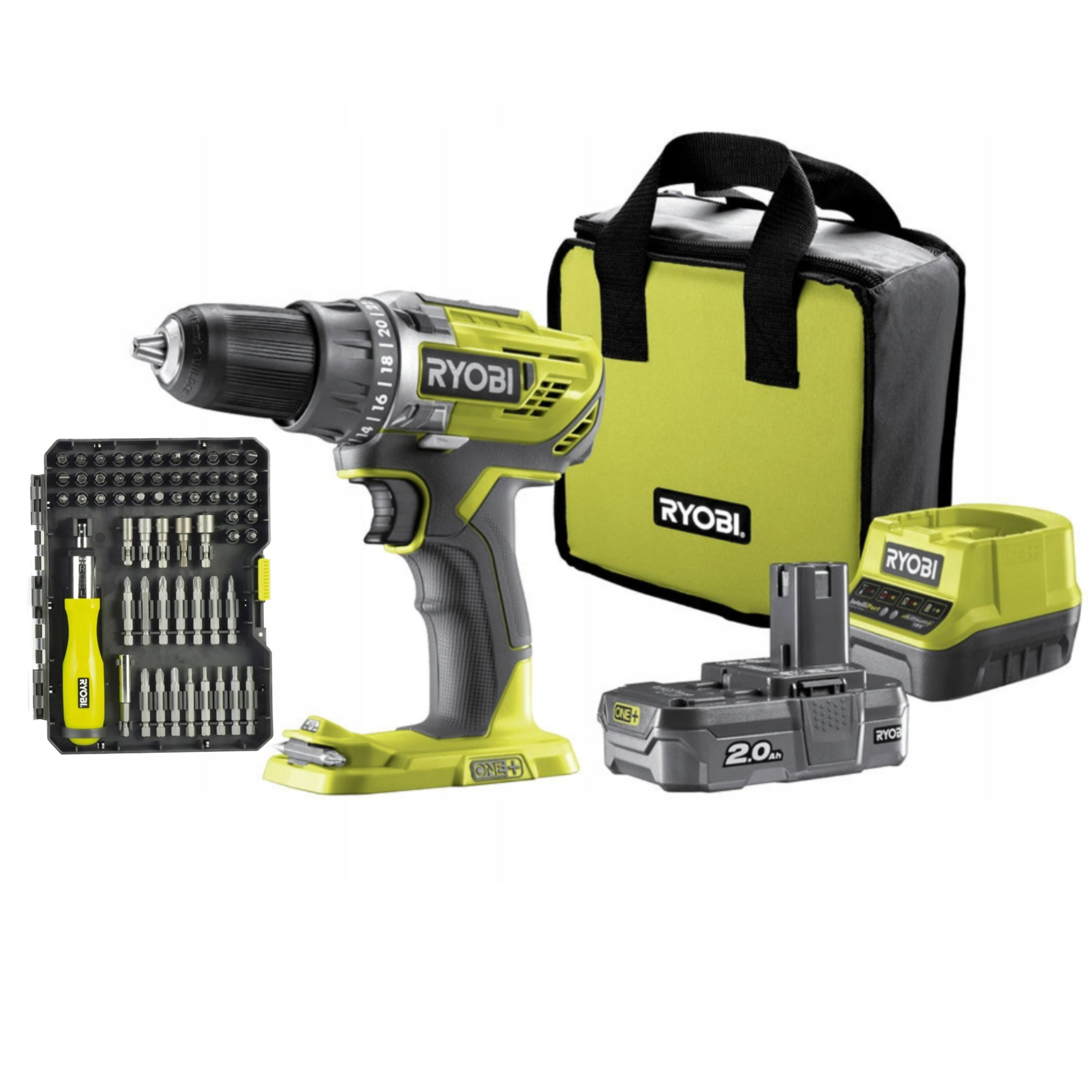 RYOBI Wiertarko-wkrętarka ONE+ 18V + Zestaw bitów 59 szt + Akumulator 2.0Ah