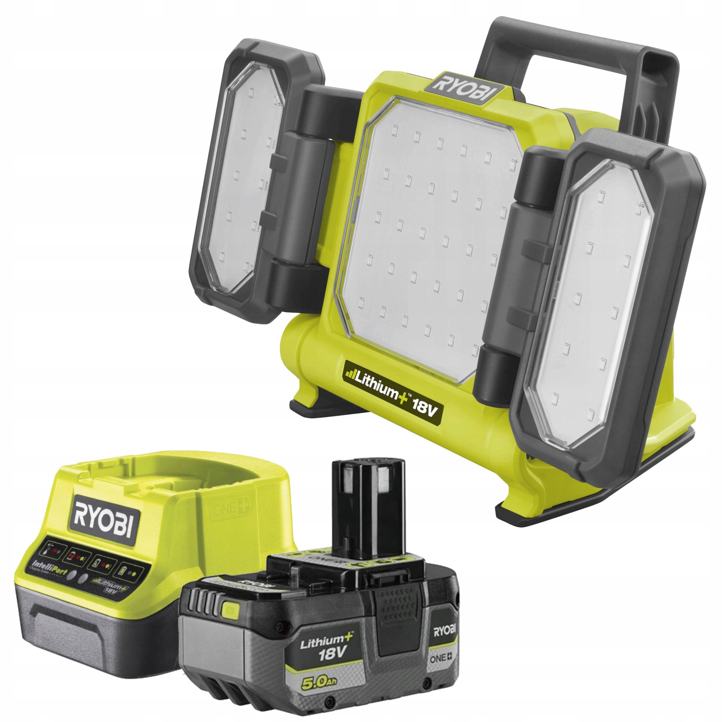RYOBI LAMPA HALOGEN AKUKULATOROWA LED Z PANELAMI 3000LM + ŁAD + AKU 5Ah