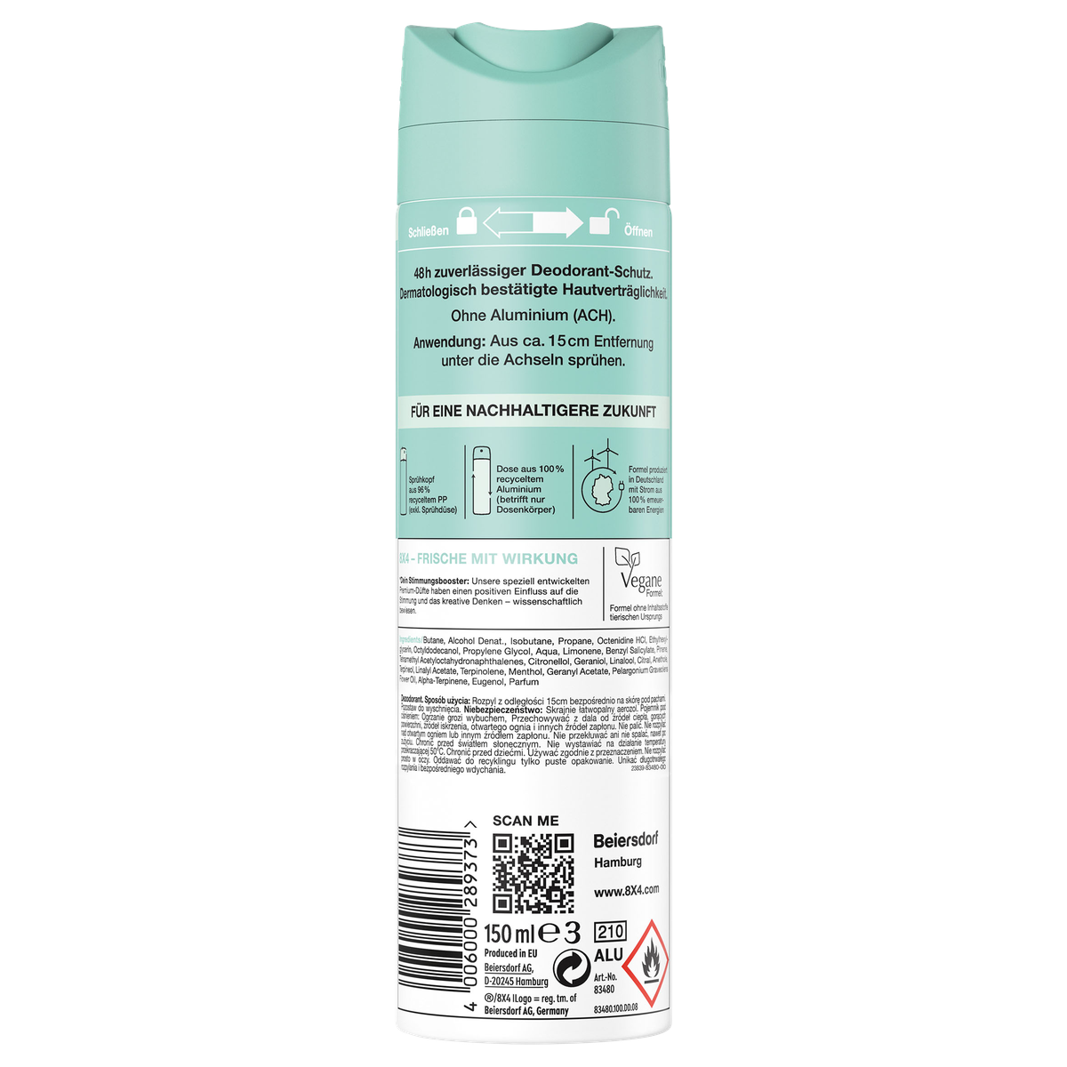 8X4 FRESH LIME Damski Dezodorant w sprayu 48h ochrony bez aluminium 150 ml
