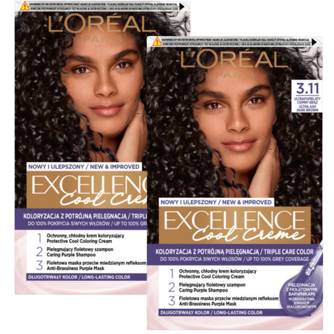 L’Oreal Paris Excellence Cool Creme Trwała Farba do Włosów 3.11 Ultrapopielaty Ciemny Brąz 2szt.