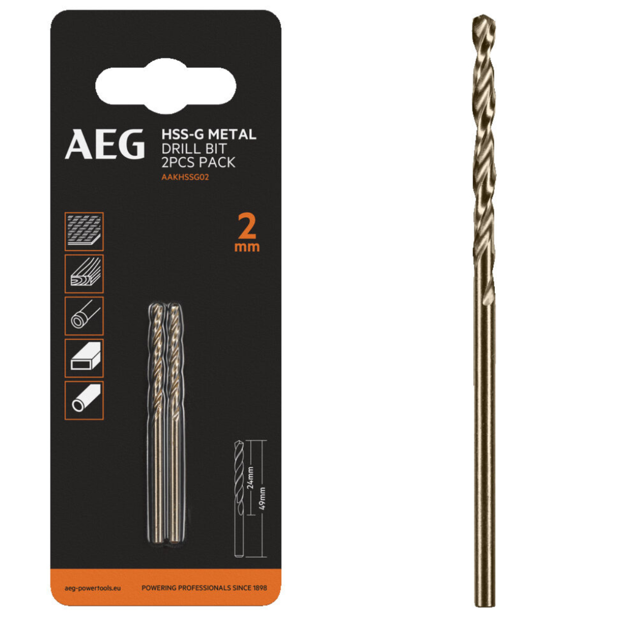 Wiertła do Metalu HSS-G 2mm AEG AAKHSSG02 2szt.