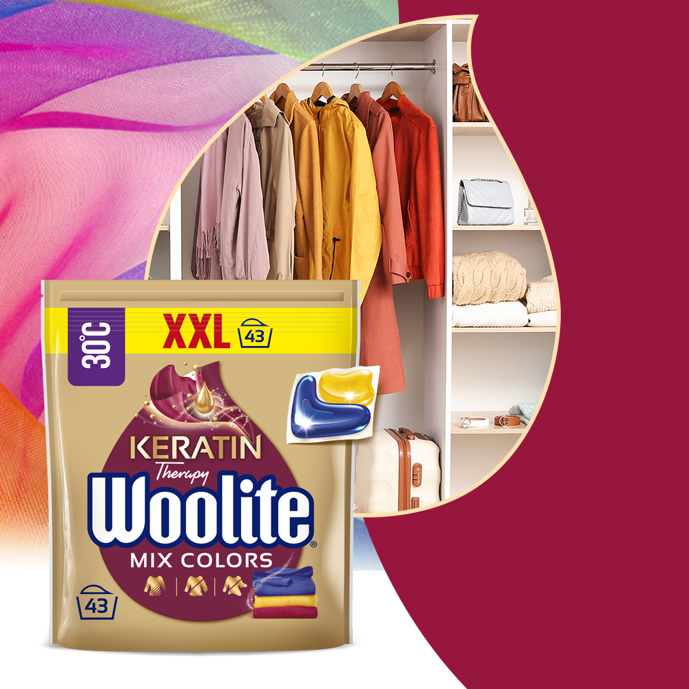 Woolite Kapsułki Do Prania Rzeczy Kolorowych Kolorów z Keratyną 43 sztuk