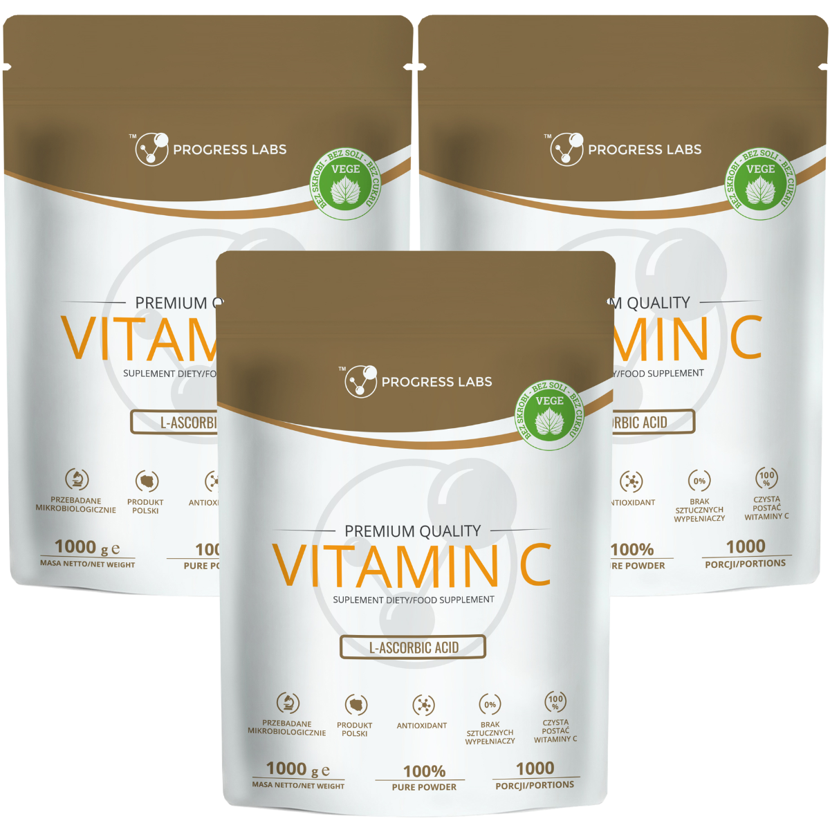 Zestaw PROGRESS LABS KWAS L-ASKORBINOWY WITAMINA C 1000 mg 1000 g ODPORNOŚĆ 3x