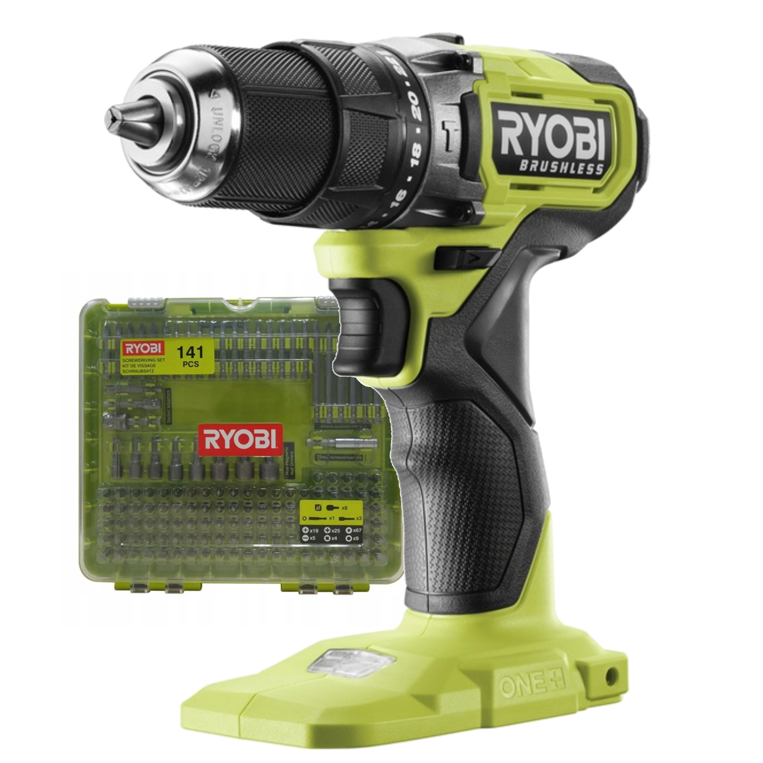RYOBI Wiertarko-wkrętarka 18V RPD18BL1-0 + Zestaw do wkręcania – 141 szt.