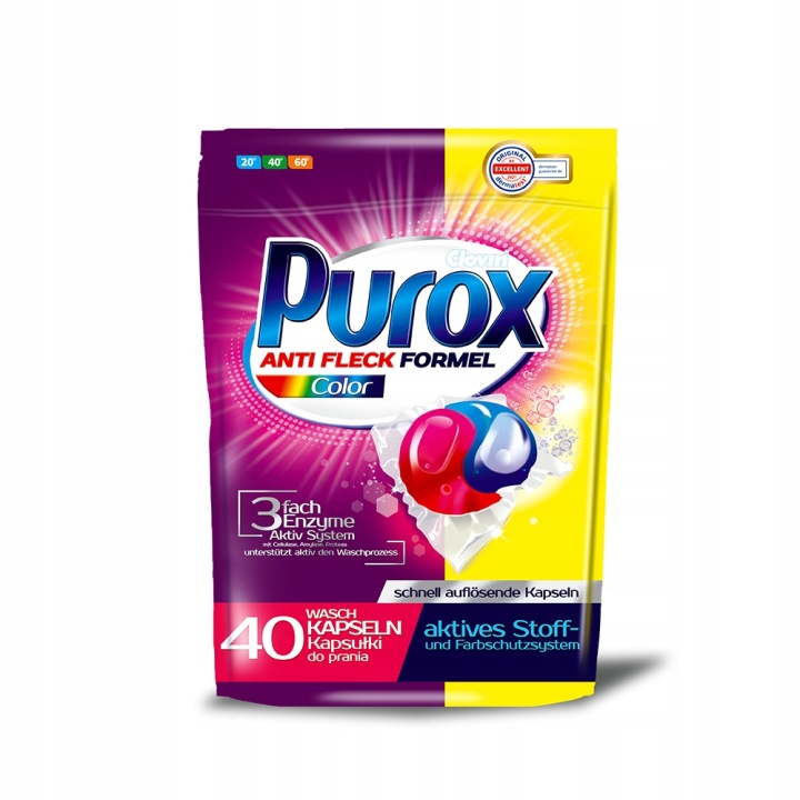 Kapsułki żelowe do prania Purox Color 40 szt x 18 gram 720g Duocaps doypack