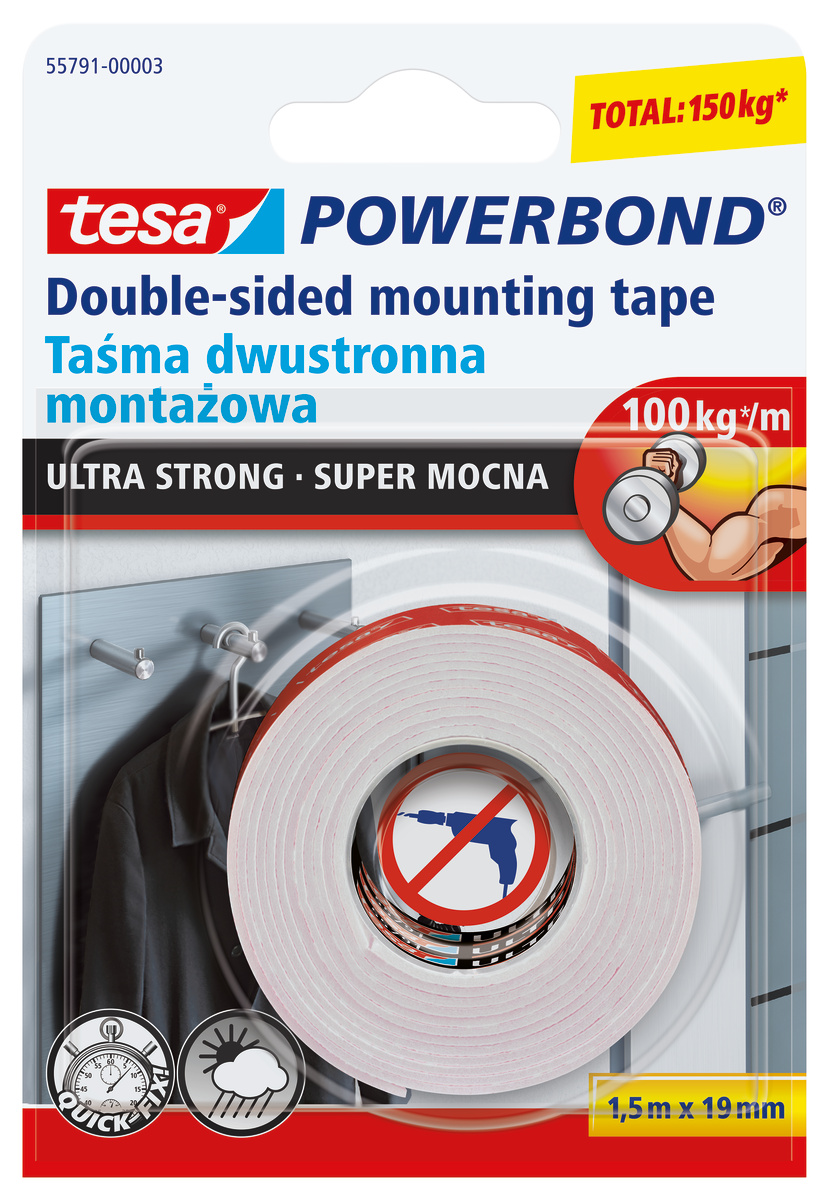 TESA DWUSTRONNA TAŚMA MONTAŻOWA POWERBOND ULTRA STRONG 1,5M X 19MM MOCNA