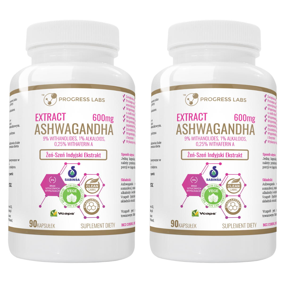 Zestaw Progress Labs Ashwagandha 600mg 9% witanolidów 90kaps Wspiera układ nerwowy 2x
