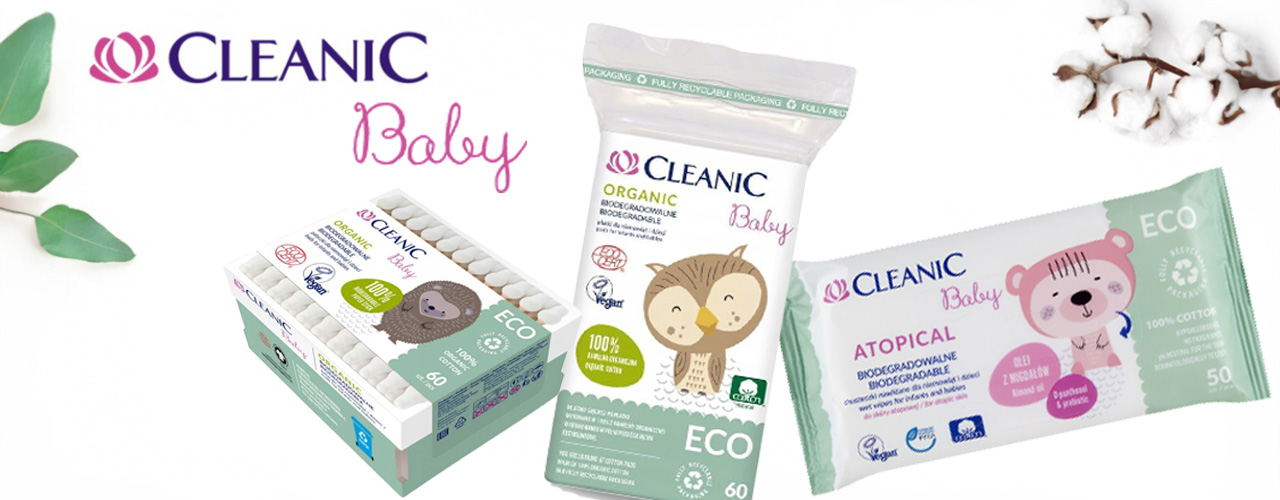 Cleanic Baby ECO zestaw dla dzieci: płatki bawełniane Organic 60 szt. + patyczki higieniczne Organic 60 szt. + chusteczki nawilżane Pure Water 50 szt.