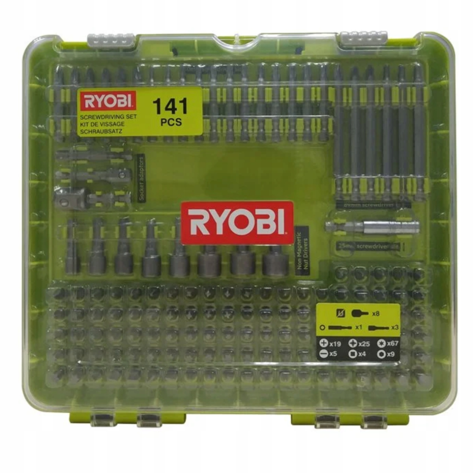 Ryobi Wiertarko-Wkrętarka 18V + 2×1.5Ah + Ładowarka + Zestaw bitów 141 szt.