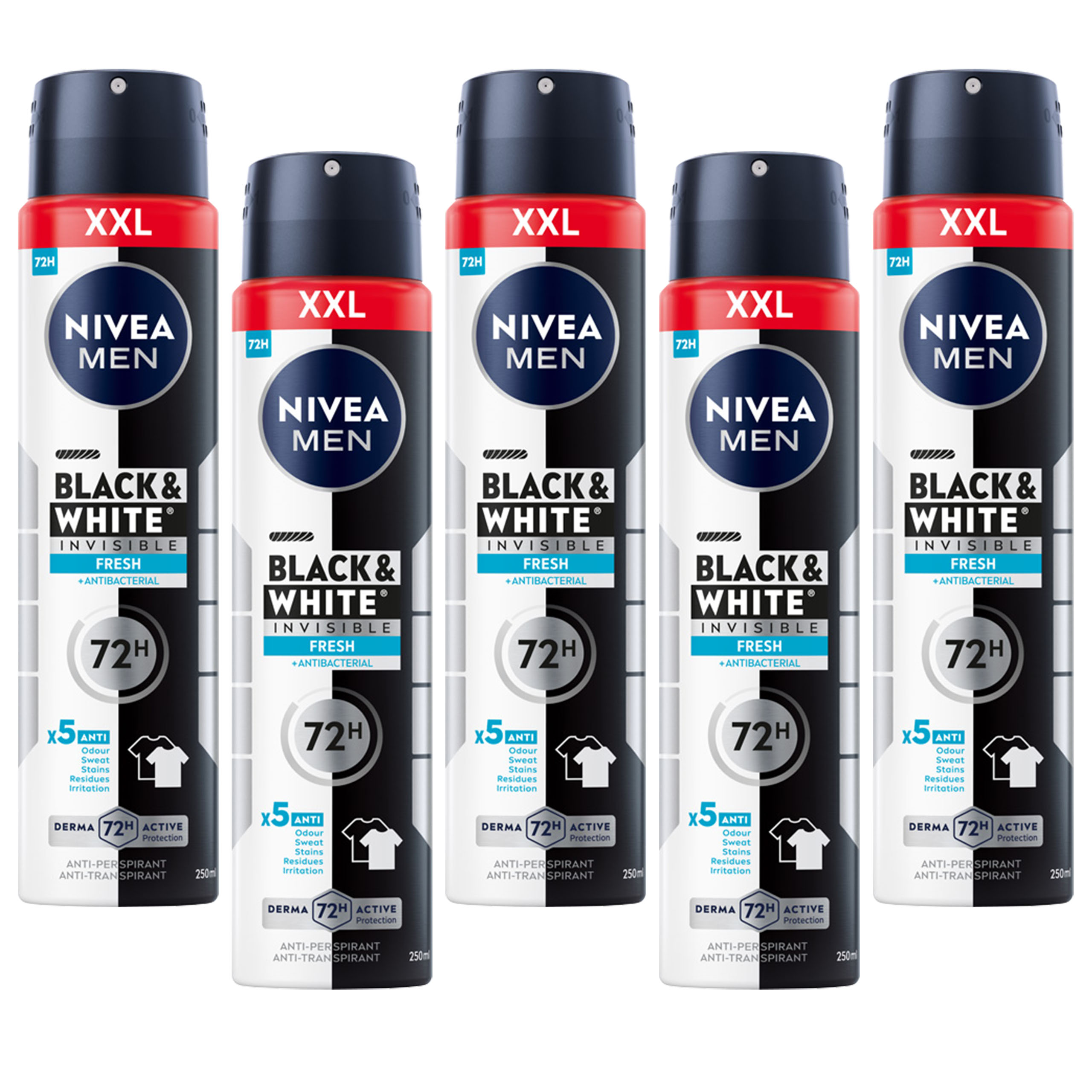 5 x NIVEA MEN BLACK & WHITE INVISIBLE FRESH ANTYPERSPIRANT W SPRAYU 250 ML
