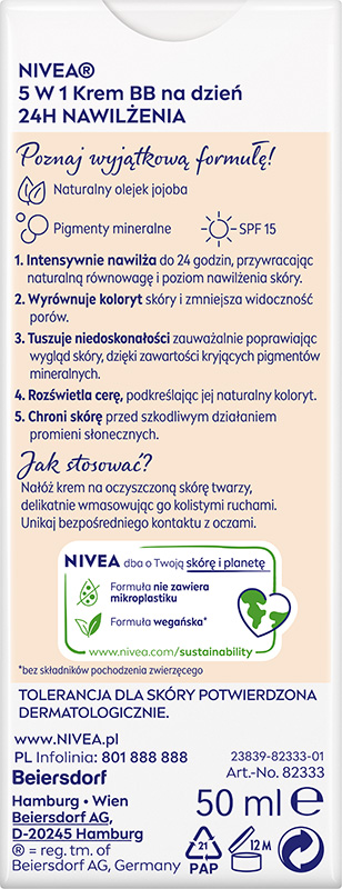NIVEA 5w1 Krem BB nawilżający na dzień odcień jasny 24h SPF15 50ml
