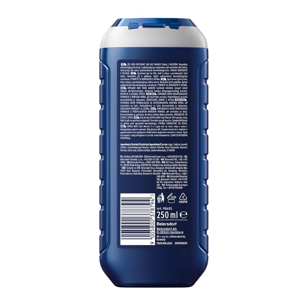 NIVEA MEN Cool Marine Odświeżający Żel pod prysznic 3w1, 250 ml