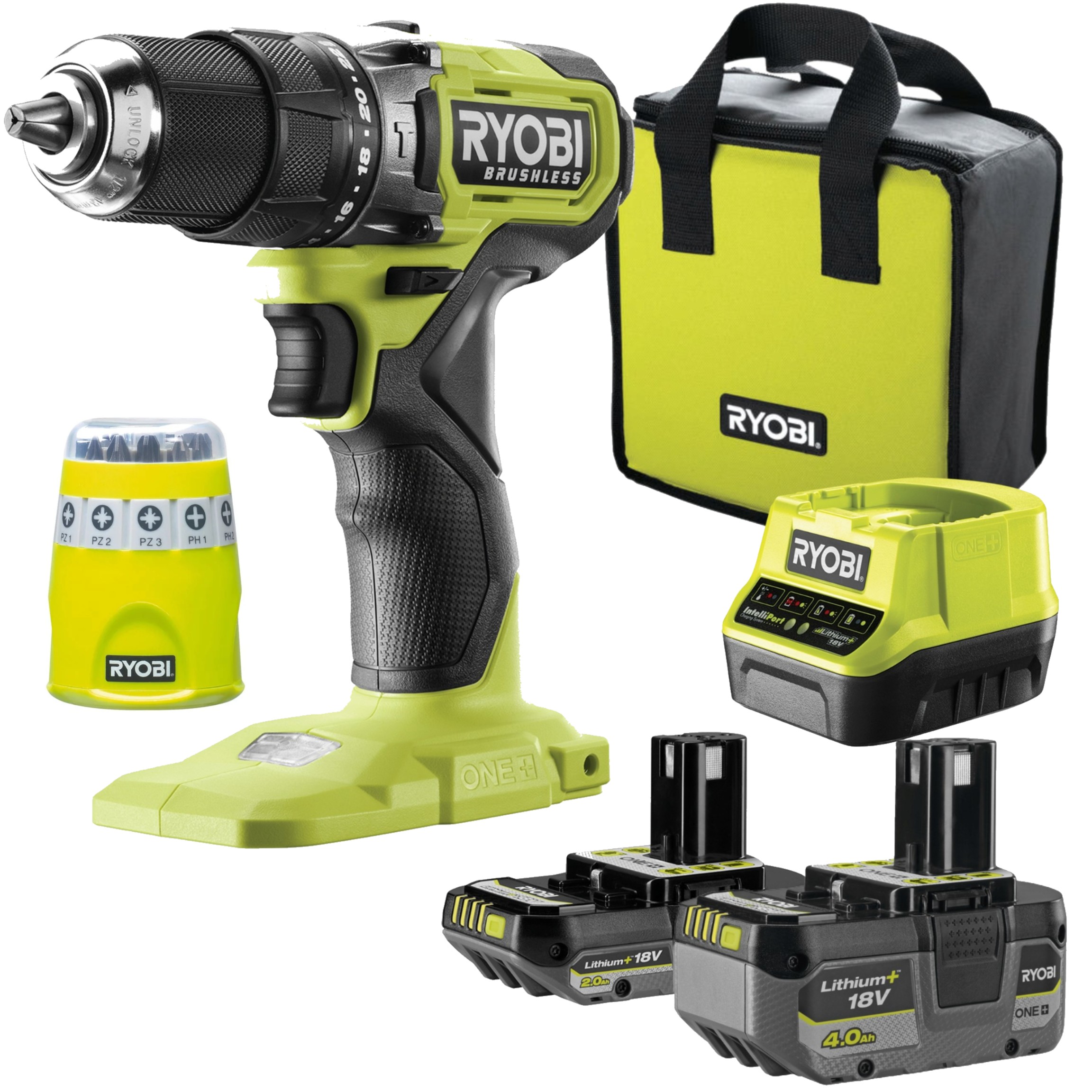 RYOBI WIERTARKO-WKRĘTARKA + Ładowarka + 4AH + 2AH + Zestaw bitów 10 szt.