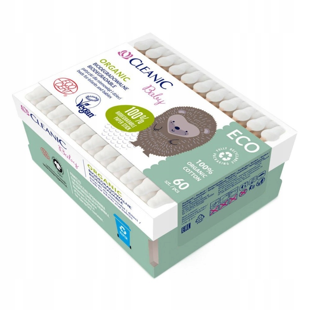 Cleanic Baby ECO zestaw dla dzieci: płatki bawełniane Organic 60 szt. + patyczki higieniczne Organic 60 szt. + chusteczki nawilżane Pure Water 50 szt.
