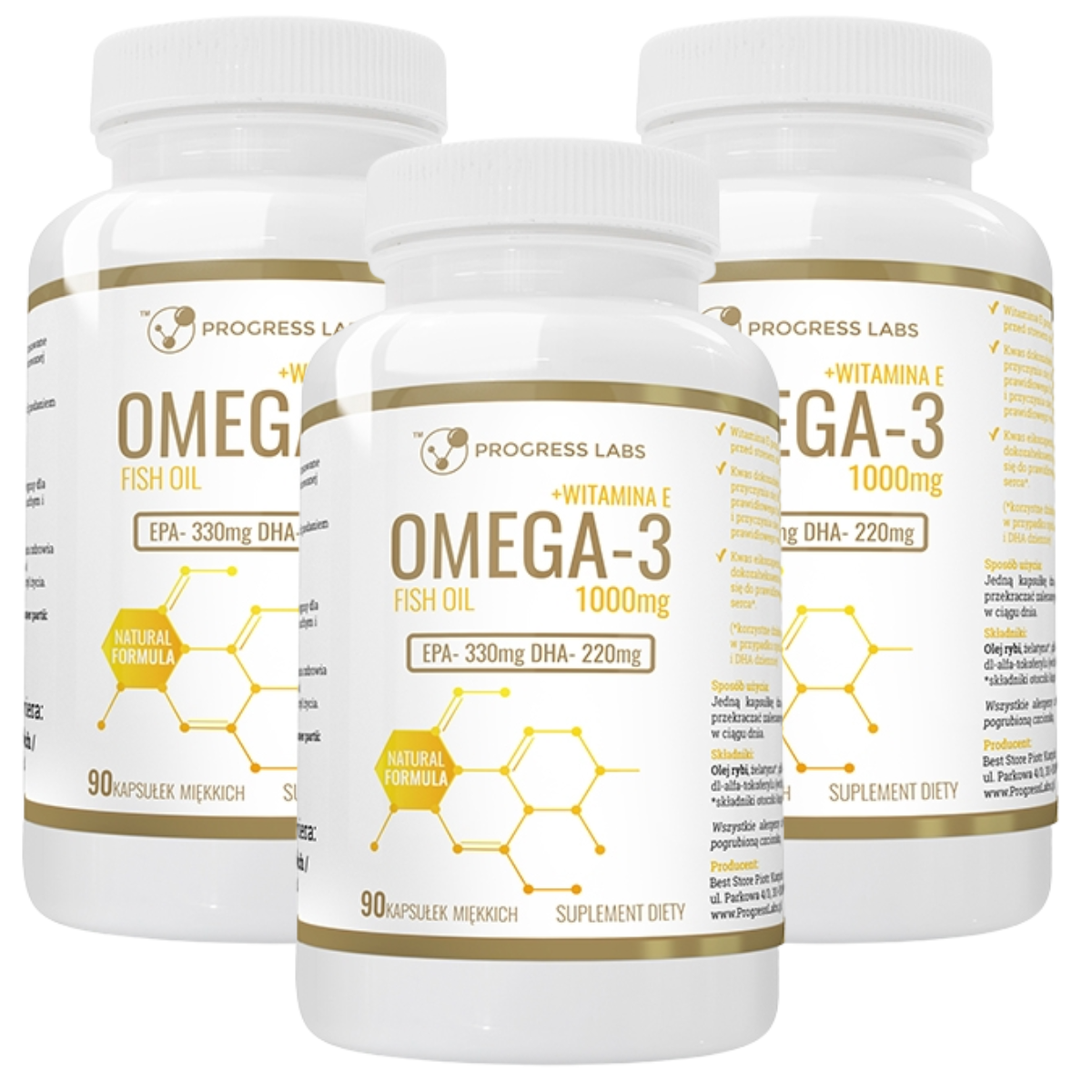 Zestaw PROGRESS LABS OMEGA 3 1000mg FORTE GOLD EPA330 DHA220 LIBIDO + WITAMINA E 3x