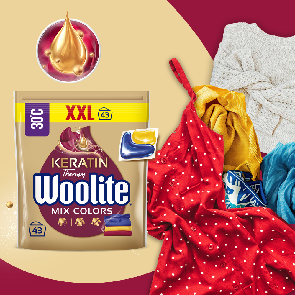 Woolite Kapsułki Do Prania Rzeczy Kolorowych Kolorów z Keratyną 43 sztuk