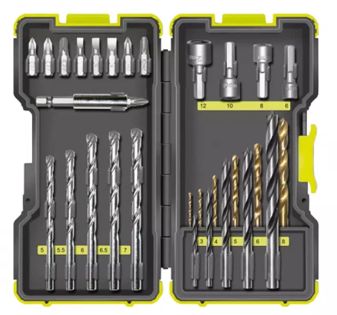 RYOBI Wiertarko-Wkrętarka Udarowa 2×2.0Ah Ładowarka + Zestaw i bitów 30 szt