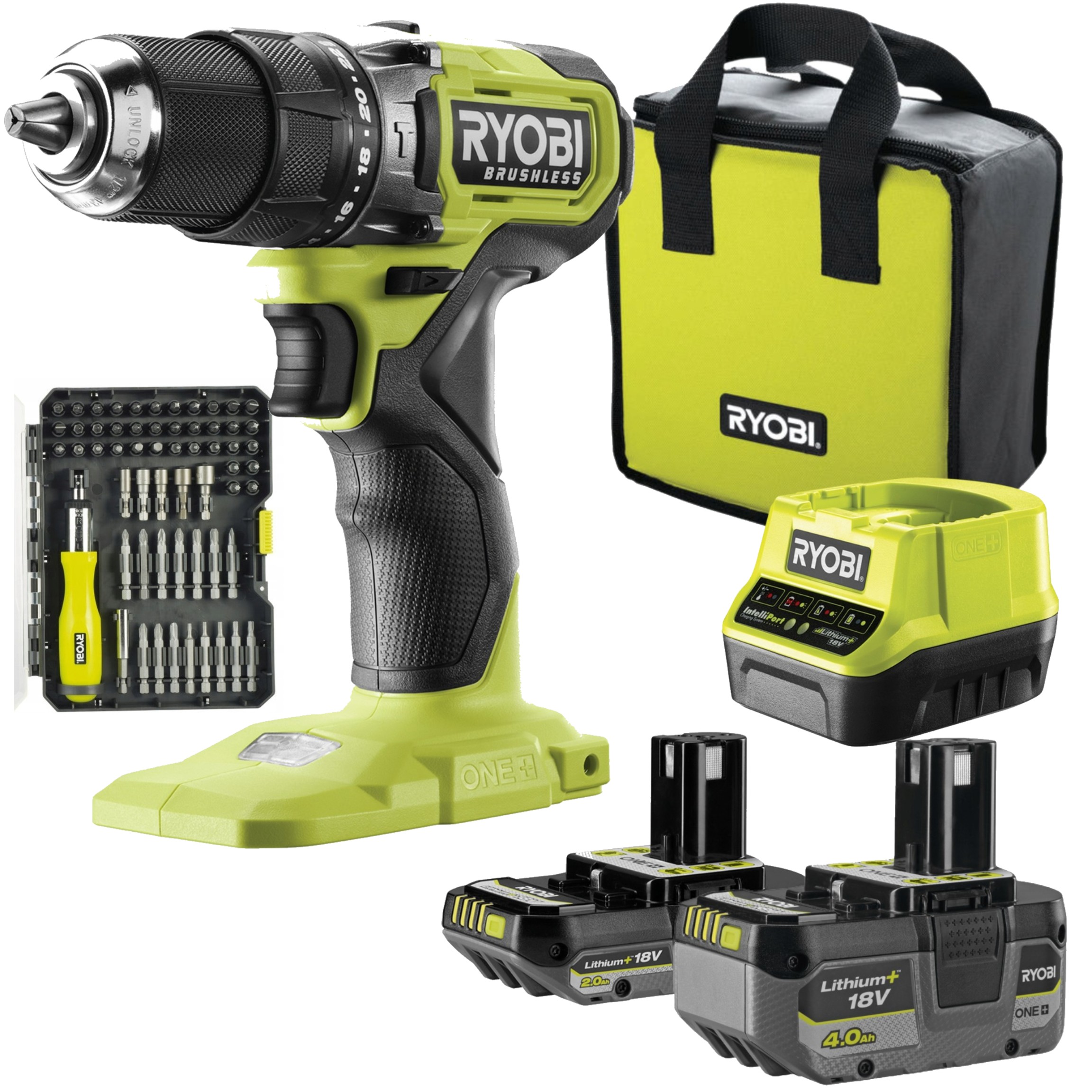 RYOBI WIERTARKO-WKRĘTARKA + Ładowarka + 4AH + 2AH + Zestaw bitów 59 szt.