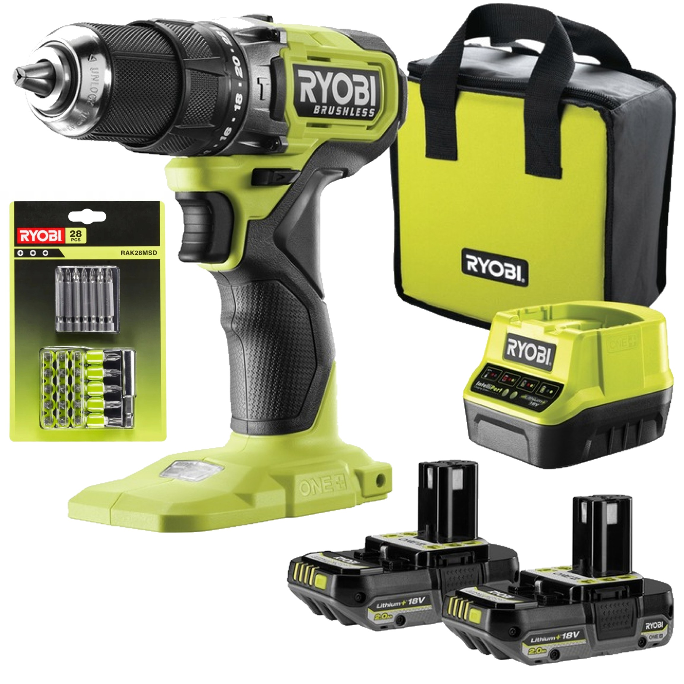 RYOBI Wiertarko-Wkrętarka Udarowa 2×2.0Ah ŁADOWARKA + Zestaw bitów 28 szt
