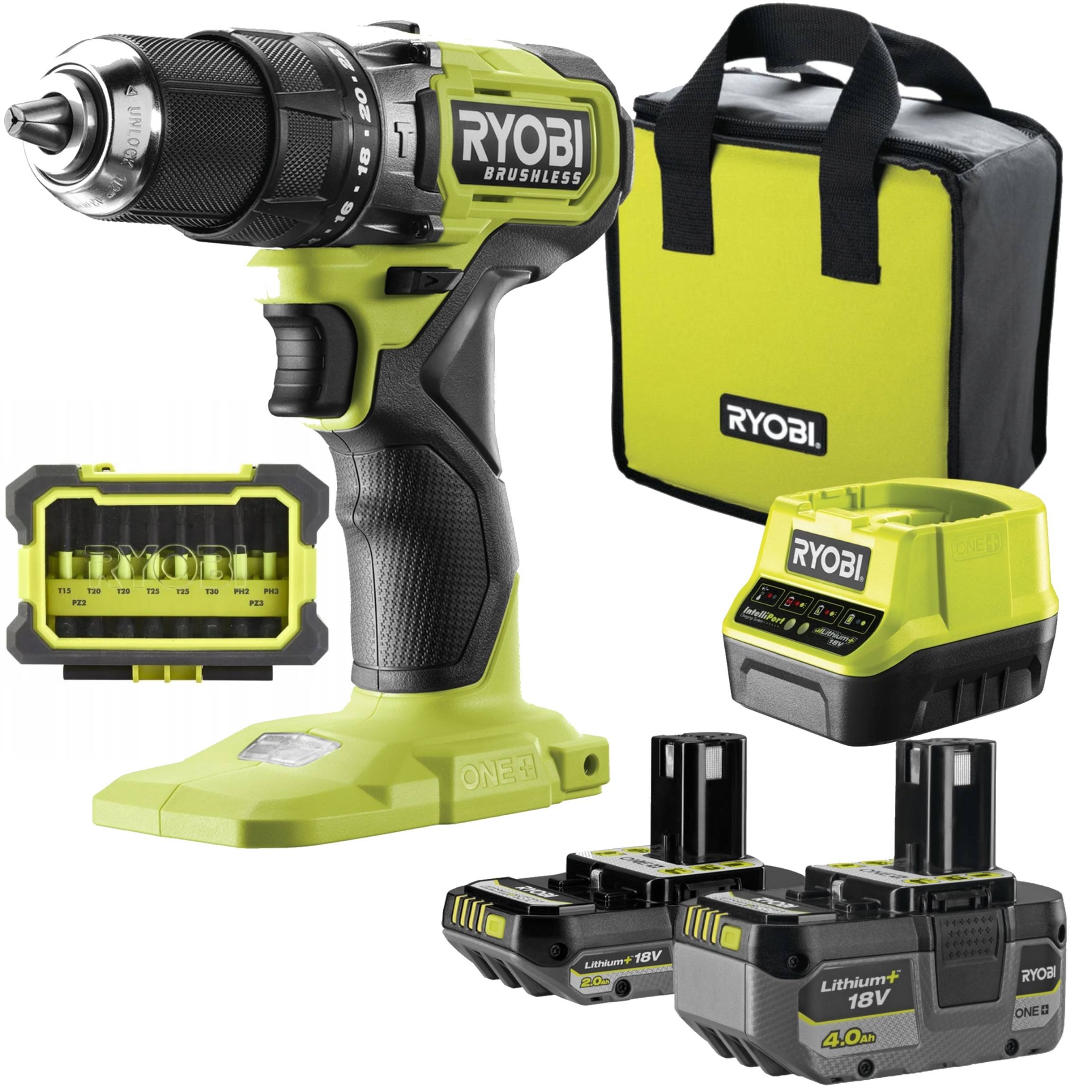 RYOBI WIERTARKO-WKRĘTARKA + Ładowarka + 4AH + 2AH + Zestaw bitów 32szt TORX