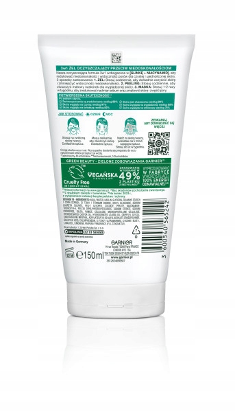Garnier Czysta Skóra 3w1 Oczyszczający Żel + Peeling + Maska Z Glinką 150ml
