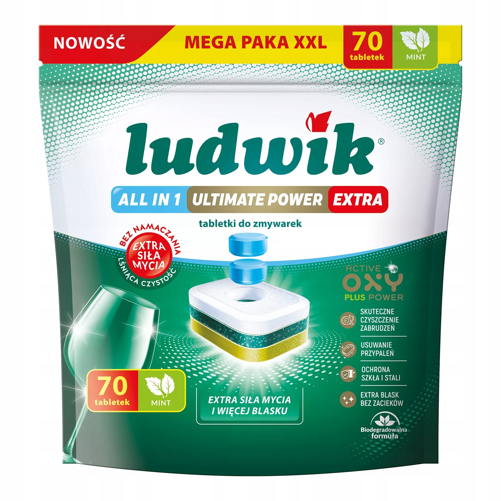 LUDWIK system do zmywarek – tabletki ALL IN 1 ULTIMATE POWER EXTRA tabletki do zmywarek 70 szt. MINT Doypack 1260 g (70 x 18g)