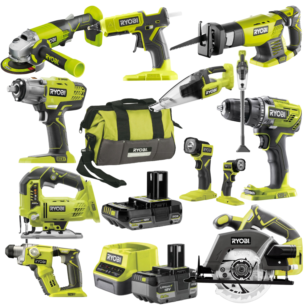 RYOBI Zestaw Narzędzi COMBO 10 Elementów + Torba + Ładowarka + 3x Bateria