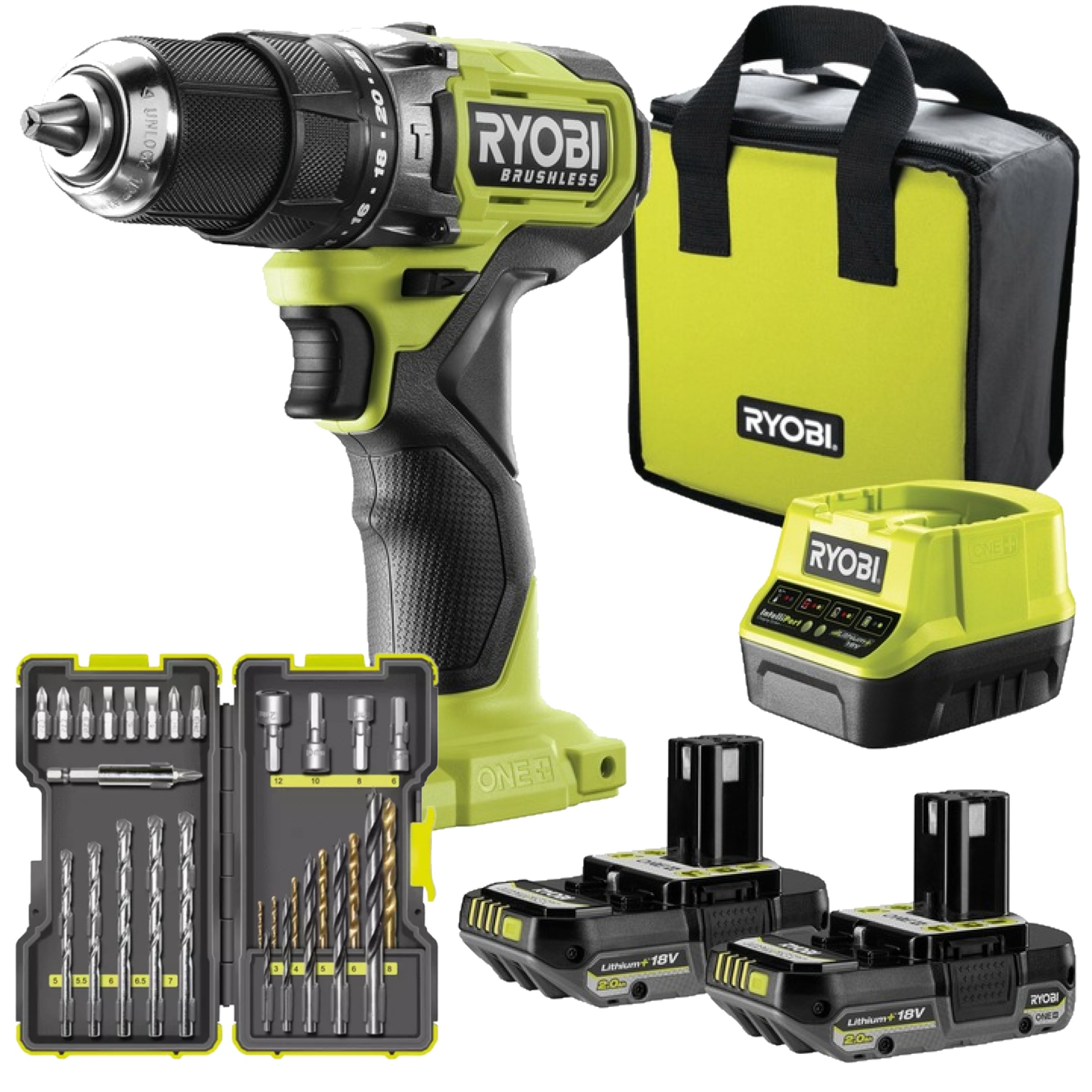 RYOBI Wiertarko-Wkrętarka Udarowa 2×2.0Ah Ładowarka + Zestaw i bitów 30 szt