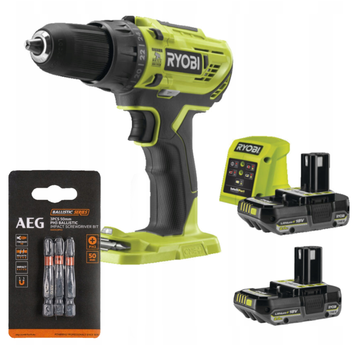 RYOBI Wiertarko-Wkrętarka Udarowa + 2x 2Ah + Ładowarka + GRATIS XMAS