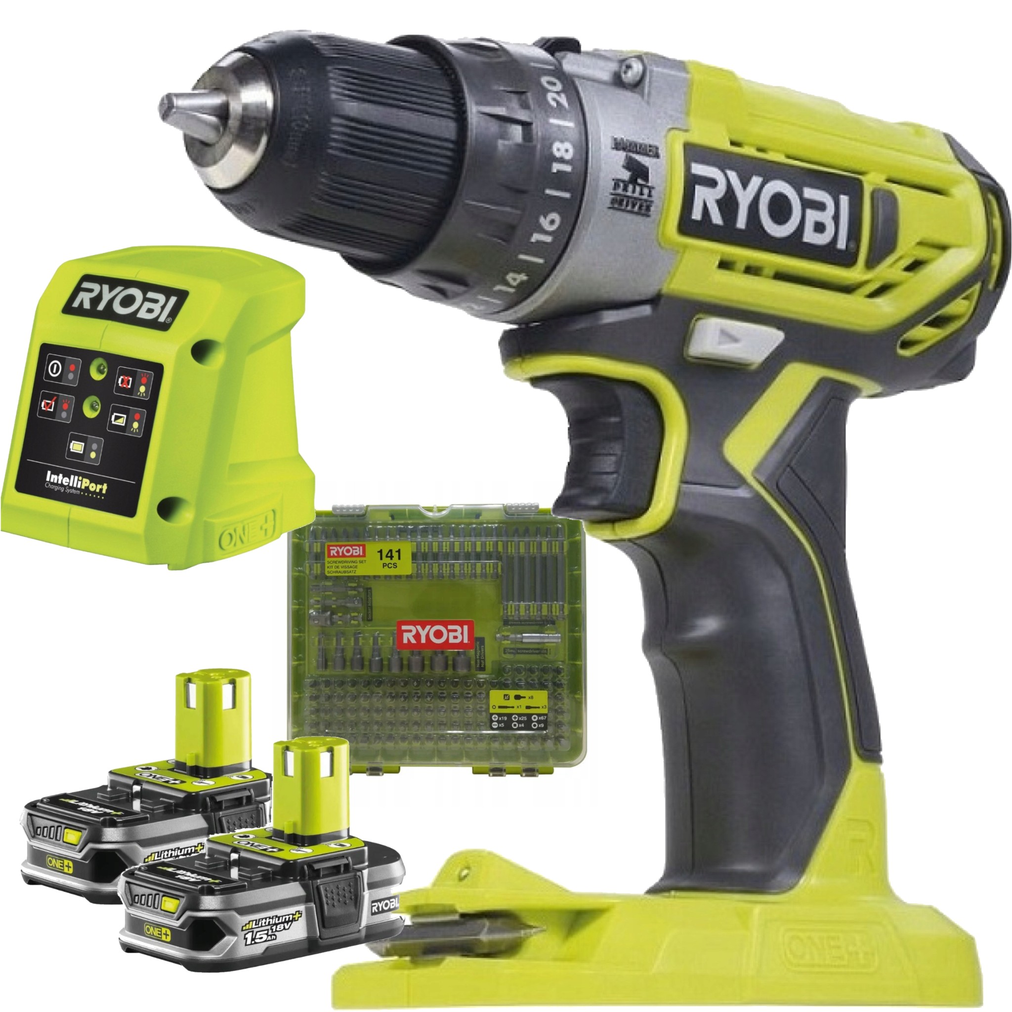 Ryobi Wiertarko-Wkrętarka 18V + 2×1.5Ah + Ładowarka + Zestaw bitów 141 szt.
